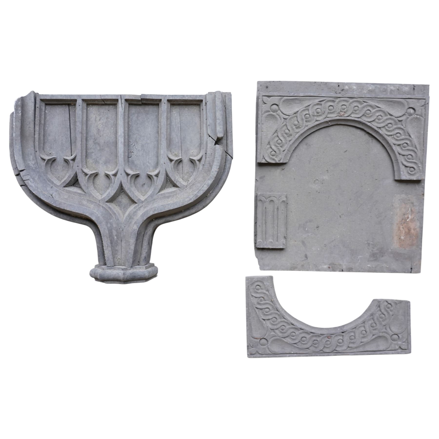 Architectural Salvage - Quantity of oak architectural feaatures including set of six carved communion rail supports, pierced and carved decorative panels, lead mounted pelmet etc
Note: Removed in the 19th century from the church in the grounds of a private Yorkshire estate 
Provenance: property of a Nobleman