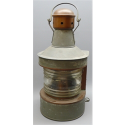  Painted galvanised metal and copper Norwegian Ship's  Navigation lamp, with clear glass lens and plaque for H. Henriksens EFTE, with burner and swing handle, H62cm    
