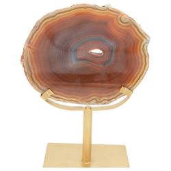 Pair of red agate slices, polished with rough edges raised upon gilt metal stands, H20cm