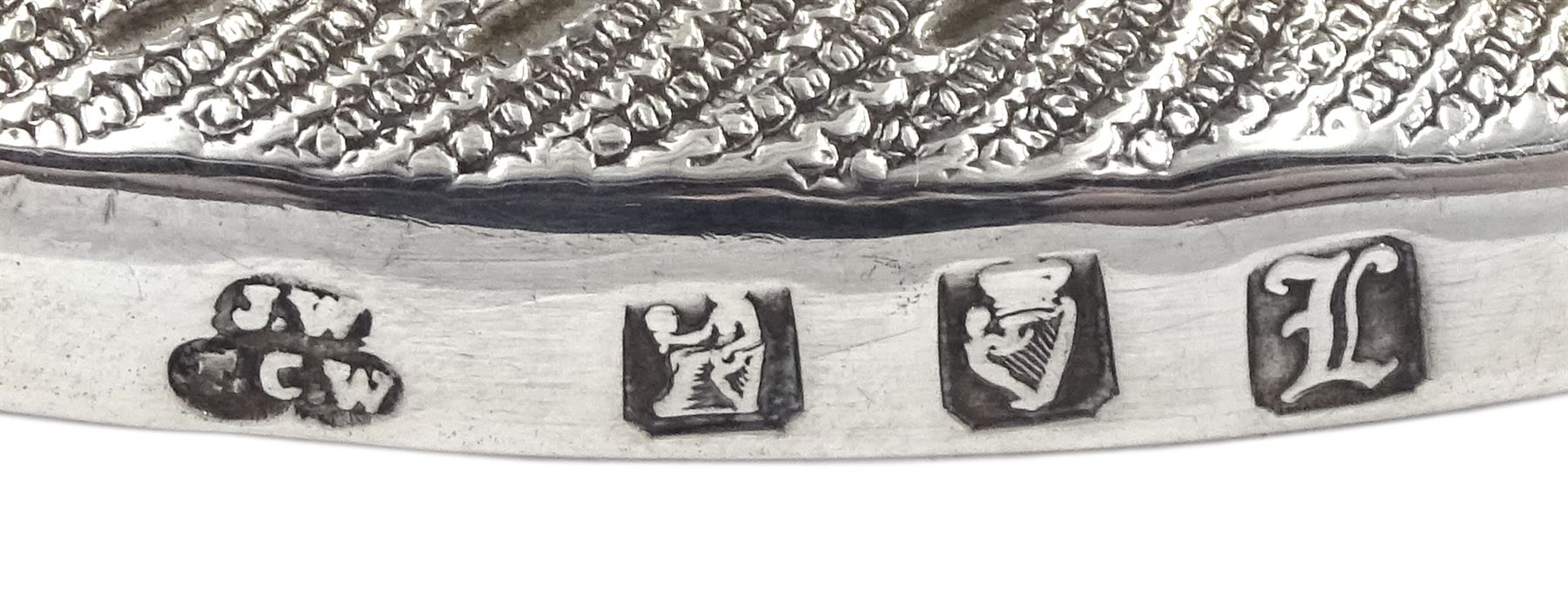 Edwardian Irish silver dish ring, of circular waisted form, embossed and pierced throughout with scene of figures, birds, cattle and buildings amidst C scrolls, hallmarked James Wakely & Frank Clarke Wheeler, Dublin 1906, upper rim D10cm, approximate weight 4.11 ozt (128 grams)