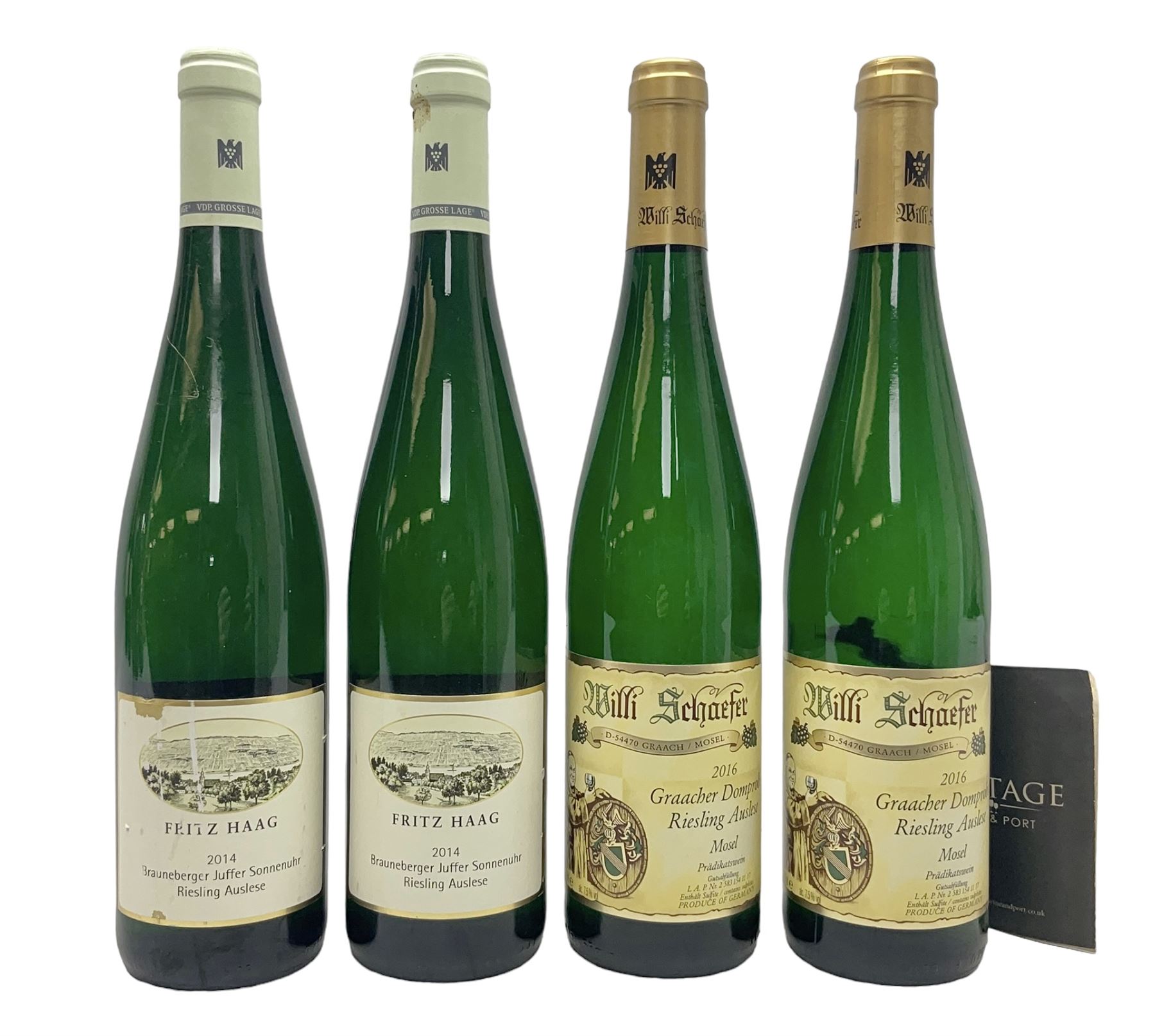Willi Schaefer, 2016, Graacher Domprobst Riesling Auslese, 750ml, 7.5% vol, two bottles, and Fritz Haag, 2014, Brauneberger Juffer Sonnenuhr, 750ml, 7.5% vol, two bottles 