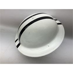 WW2 Home Front 'Police' black painted steel helmet with original liner and webbing chin strap, impressed R.O. Co. 1/1939; and re-painted shell only for WW2 Wardens steel helmet impressed AMC II 1941 C676 (2)