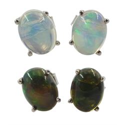 Pair of silver black opal and one other pair of Ethiopian opal stud earrings, stamped 925
