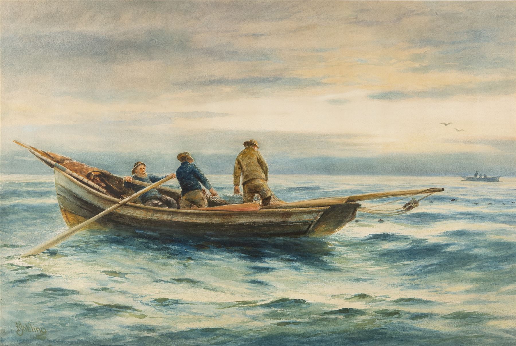 Robert Jobling (Staithes Group 1841-1923): Coble Pulling up the Nets, watercolour signed 56cm x 83cm