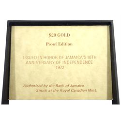 Jamaica 1972 gold proof twenty dollars coin, commemorating the tenth Anniversary of Independence 1962-1972, in plastic display