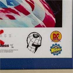 Four limited edition Dynamic Forces Marvel prints, comprising Universe X Premiere lithograph remarked and signed by artist Alex Cross limited no. 21/99, X-Men Death of Phoenix signed by artist Jae Lee, limited no. 7/1980, both with certificate of authenticity and two unsigned prints The Punisher and The Xmen, largest H67cm, W38cm (4)