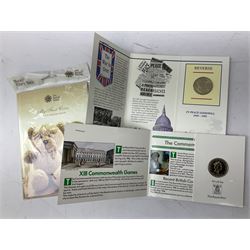 Coins including, Queen Elizabeth II Guernsey 1995 silver proof one pound coin, Tristan da Cunha 2014 9ct gold one gram one crown coin, The Royal Mint United Kingdom 2007 proof coin collection in red case with certificate, 2012 'My First Coins' in card folder, various commemorative crowns etc