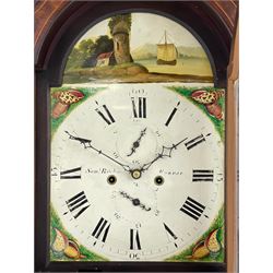 Samuel Ritchie of Forfar - William IV 8-day Scottish longcase clock in a mahogany case, with a swans neck pediment, brass paterae and three ball and spire brass finials, case and trunk inlaid with satinwood stringing on a plinth raised on decorative bracket feet, painted break arch dial depicting a costal scene to the break arch and conch seashells to the spandrels, Roman numerals, subsidiary seconds and date dials with matching steel hands, with a rack striking movement striking the hours on a bell. With weights, key, and pendulum.  Samuel Ritchie is recorded as working in Forfar 1800-37.