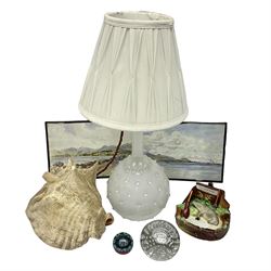 Pair of 1920s watercolour paintings of Brodick Bay, together with a large conch shell, Staffordshire style pig trinket dish, millefiori glass paperweight, bubble glass paperweight and a milk bubble glass table lamp