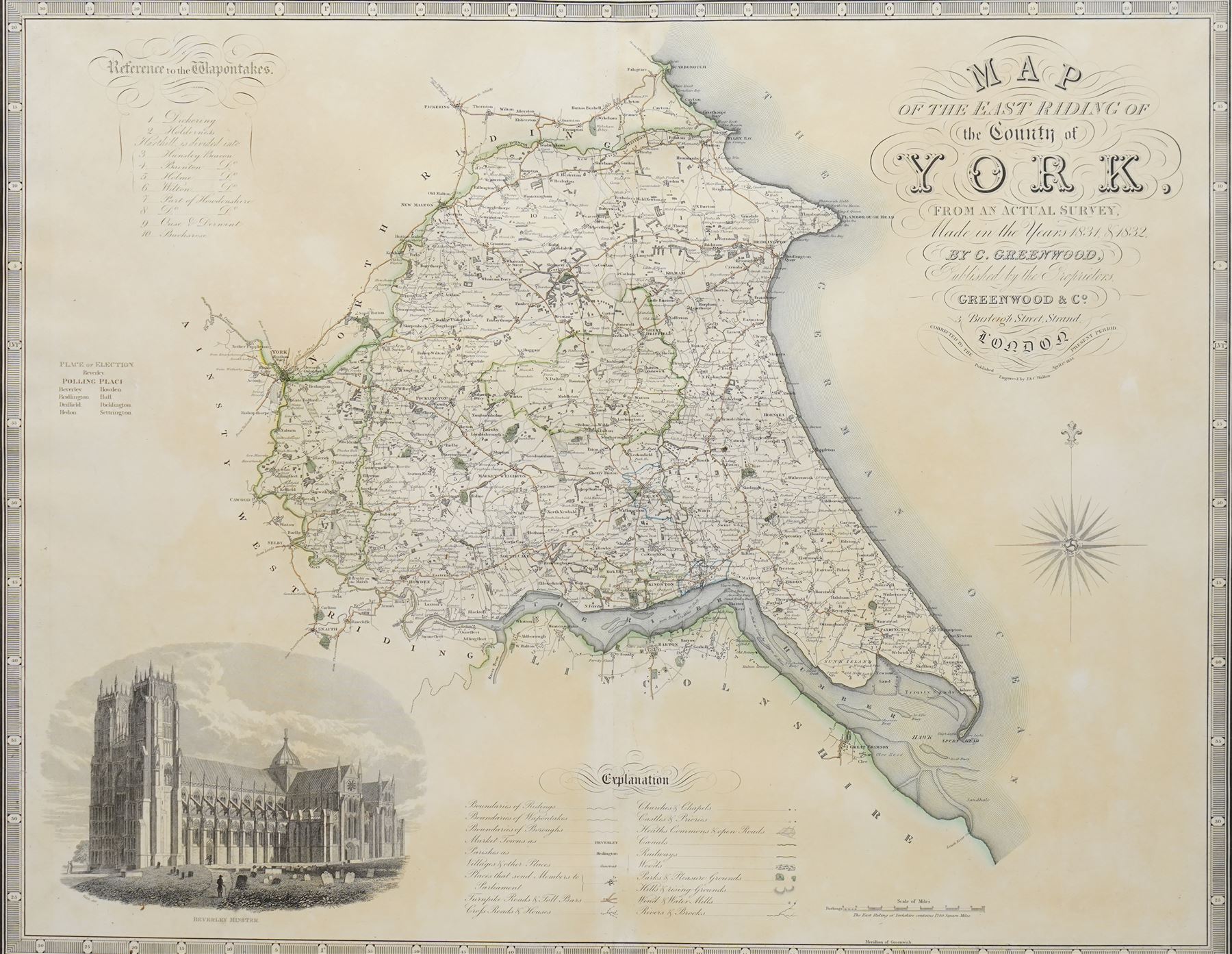 Christopher Greenwood (British 1786-1855): 'Map of the East Riding of the County of York', 19th century map with hand-colouring pub.1834, 62cm x 77cm