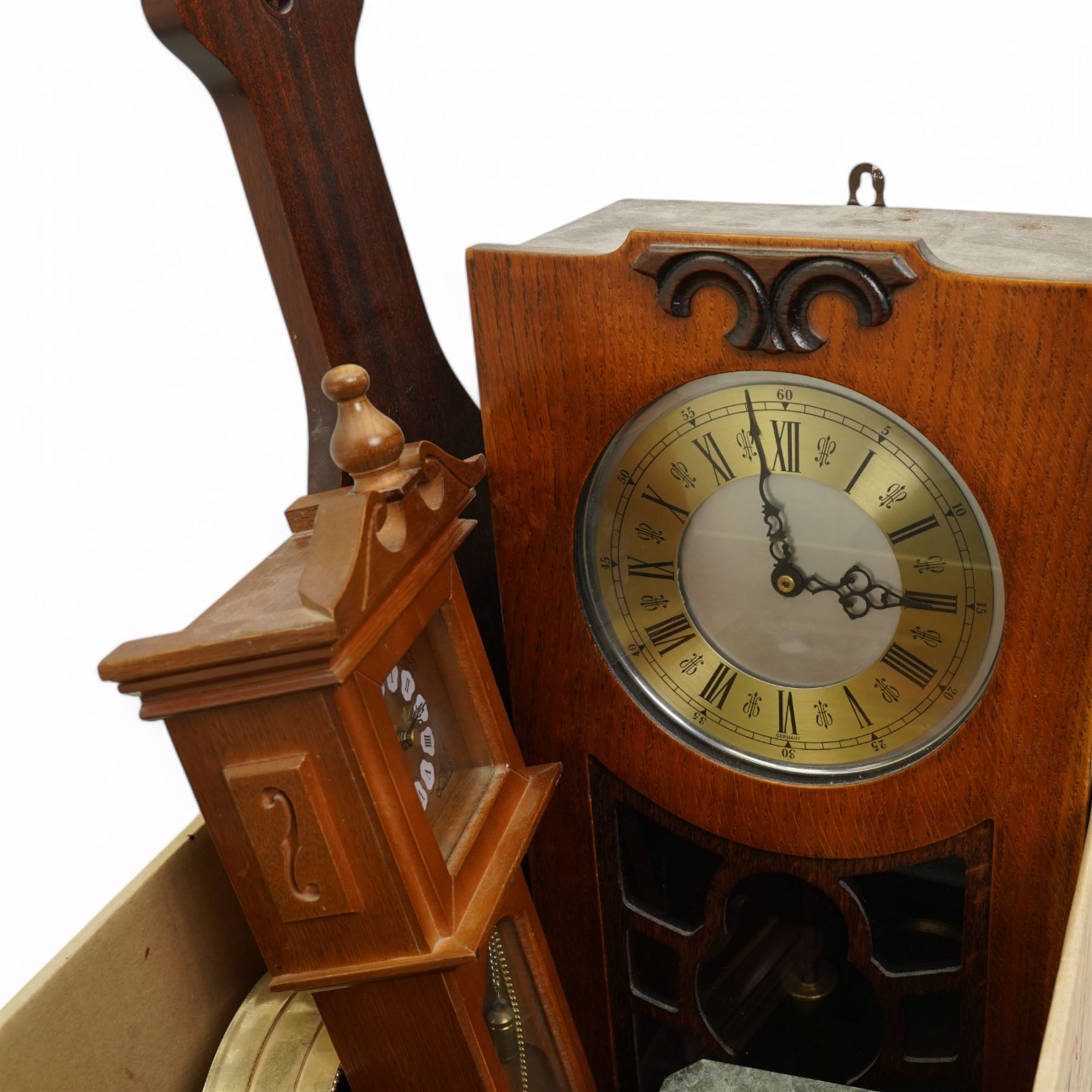Churchill quartz mantel clock in marble case, miniature longcase clock, other clocks and an aneroid barometer
