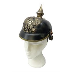 Imperial German Other Ranks style Pickelhaube helmet with white metal fire brigade badge to the centre of the helmet plate