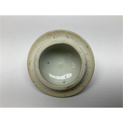 Two late 18th/early 19th century Chinese export teapots, the largest example of globular form with curved handle and straight spout, decorated in the Mandarin style with figural scenes surrounded by red scale reserves, H13.5cm, the second smaller example decorated in underglaze blue with two musicians in a landscape set with willow tree and fence, H10.5cm

