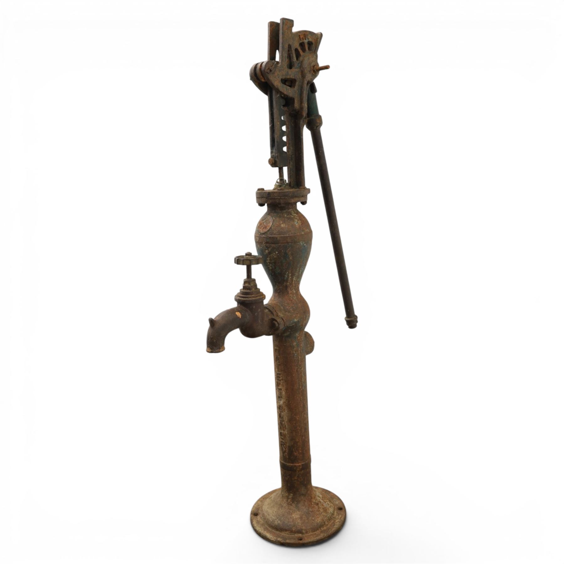 Early 20th century cast iron floor standing water pump, cylindrical column with bulbous chamber, side spout with star-shaped tap, lever action mechanism with ratchet adjustment, flanged circular base, H 127cm