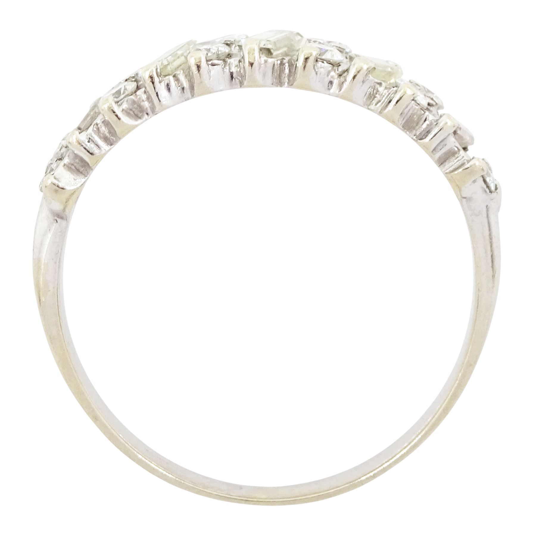 18ct white gold diamond half eternity ring, five baguette cut diamonds each spaced by two round brilliant cut diamonds, total diamond weight approx 0.55 carat
