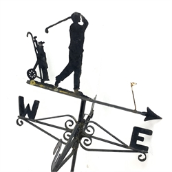 20th century weather vane, the pointing pediment depicting golfer and golf trolley, scroll work supports, mounted on side bracket, H134cm