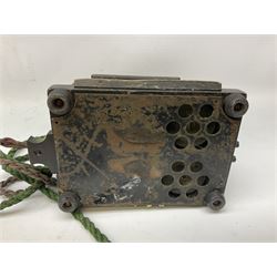 Early 20th century Danish desk telephone inscribed The Ericsson Bell Telephone Co. Glasgow to one side and Aktieselskabet Electrisk Bureau Kristiansand to the other, ebonised wooden top with handset on brass cradle. black japanned tin centre section bearing Hull Corporation Telephones Department crest, side cranking handle and ebonised wooden base H30cm  