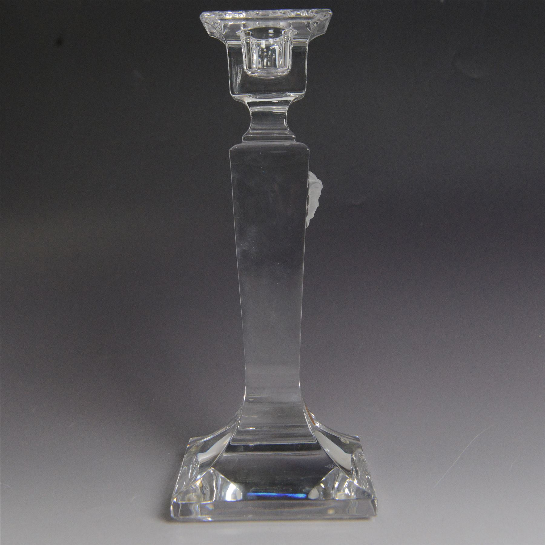 Rosenthal Versace pair of glass candlesticks, of square form, with candles and in original box, H25cm