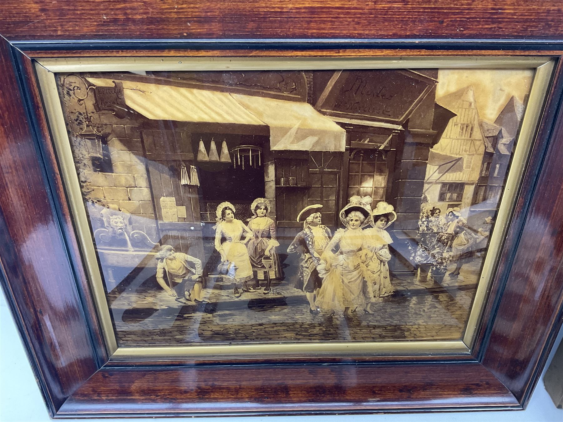 Three early 20th century full profile framed silhouettes, each signed Scot-Ford 1929, together with four hand painted portrait silhouettes and two framed crystoleums, depicting figural scenes (9), largest H35cm