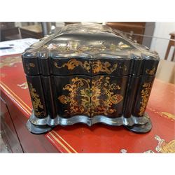 Victorian black lacquered papier-mâché sewing box, of rectangular form with shaped sides, the slightly domed top with inlaid mother of pearl and abalone decoration, the sides with gilt and polychrome painted scrollwork, the hinged cover opening to reveal a fitted interior with lift out tray, H14cm