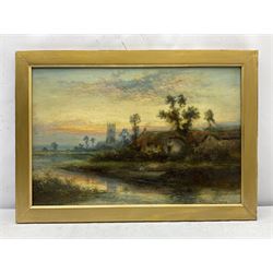 William Langley (British 1852-1922): River Scene with Church and Cottages at Sunset, oil on canvas signed 39cm x 59cm