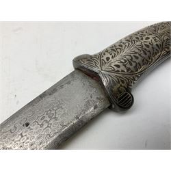Indian Khanjar dagger with 28cm curving damascus steel blade inlaid with silver floral emblem, white metal and niello style grip in the form of a bird's head with pronounced beak and matching scabbard L44cm overall