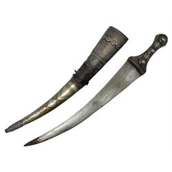 Late 19th/20th century Middle Eastern jambiya dagger the 36cm broad curved double edged steel blade with traces of script, horn and copper backed waisted white metal hilt with three roundel buttons; in ornate white metal and leather mounted brass and steel scabbard L60.5cm overall
