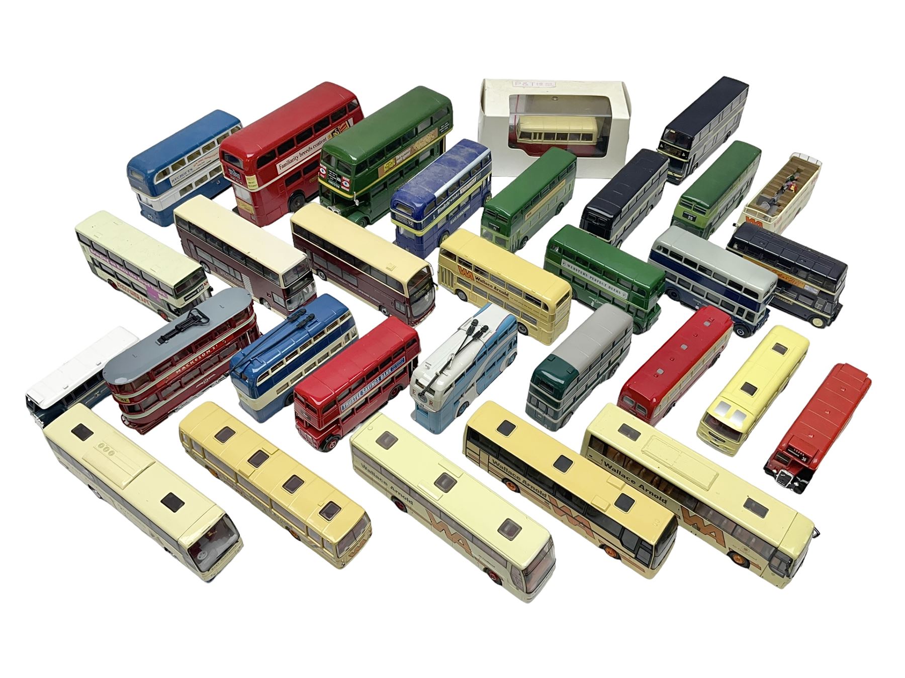 Thirty-one modern die-cast models of buses, coaches and trams by Corgi, EFE, Solido etc; predominantly unboxed but one in box