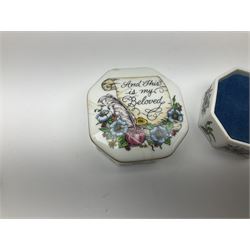 Six Halcyon Days enamel boxes, comprising of Christmas 1985, 1986, 1987, 1989, Mother's day 1989 and St Valentine's 1987, together with four Crummles enamel boxes, including two limited edition Anno Domini boxes, nine Melodies Of Love Franklin Mint music boxes and four other trinket boxes. 