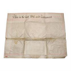 York interest - collection of 18th and 19th century vellum indentures, wills, probate documents and related papers concerning central York properties, streets and residents, including Micklegate, The Shambles, Bootham, Fishergate, Walmgate, Monkgate and Goodramgate, with probate of John Ealand, formerly of The Shambles, York, butcher, later of Swan Street, Nunnery Lane, probate of Roger Iddison of No.8 Portland Street, York, auctioneer, probate of Eliza Nottingham of Bootham Asylum, formerly of St Paul’s Square, together with documents relating to butchers, farmers, tradespeople and York families, many retaining original seals and stamps, in one box