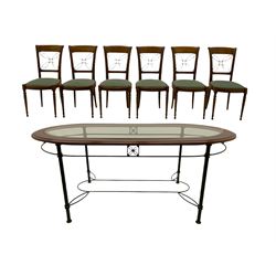 Ernest Menard - cherry wood and wrought metal dining table with glass top, and set six matching dining chairs