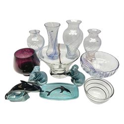 Three Poole pottery animals and a similar trinket dish, together with Caithness glass vase and bowls, and other similar glass vases