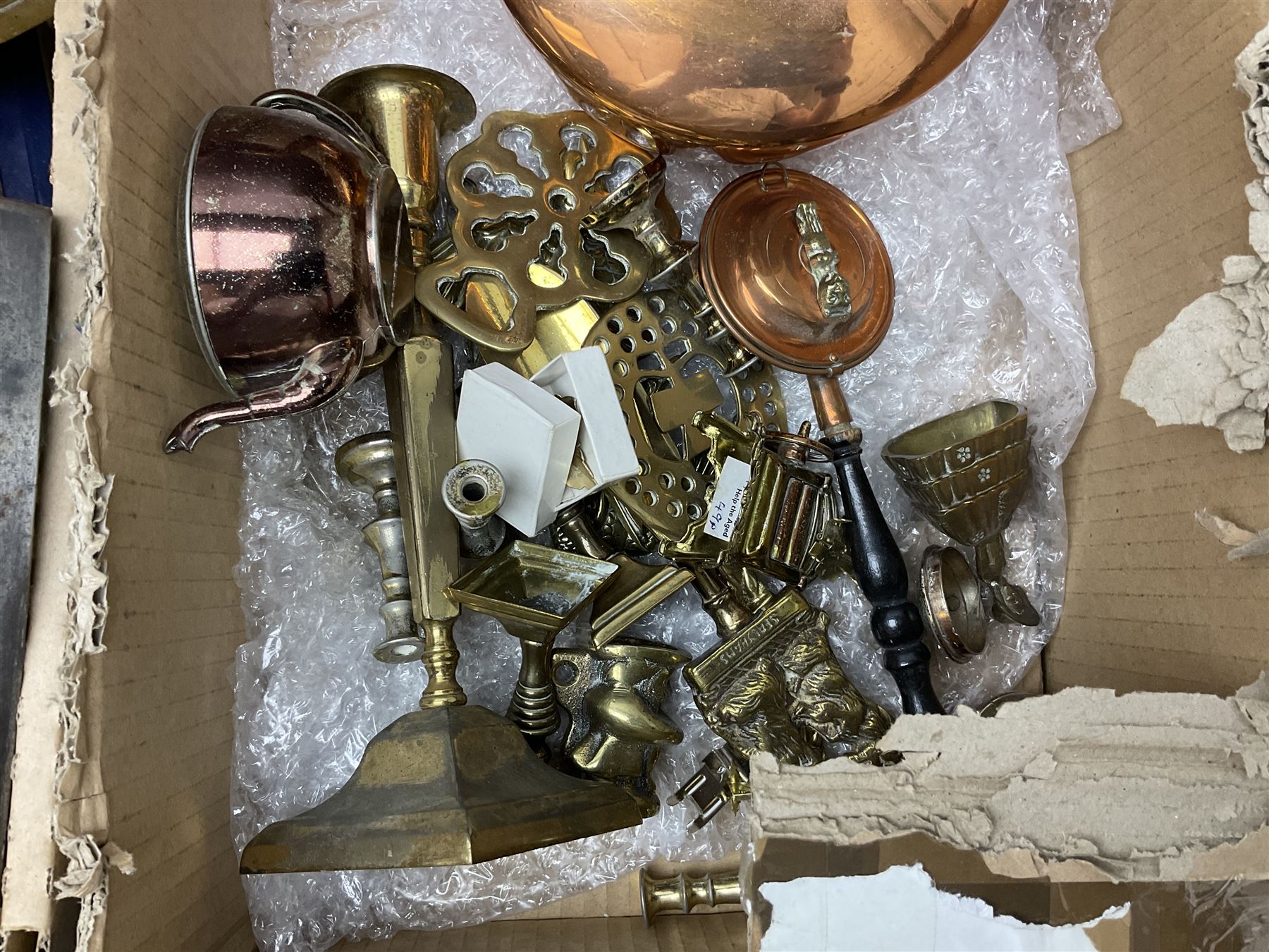 Collection of silver plated cased cutlery including part canteens and butter knives, together with other metal ware including J&J Siddons iron, horse brasses and a copper kettle, 1970s children's annuals including Beano, two handbags and three suitcases, vintage tins etc, in four boxes 