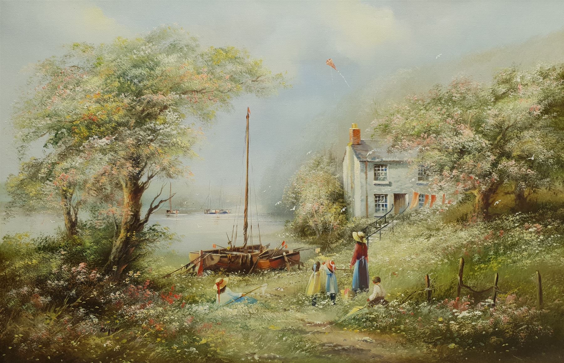 Edward 'Ted' Dyer (British 1940-): Flying a Kite on the Waterside, oil on canvas signed 50cm x 75cm