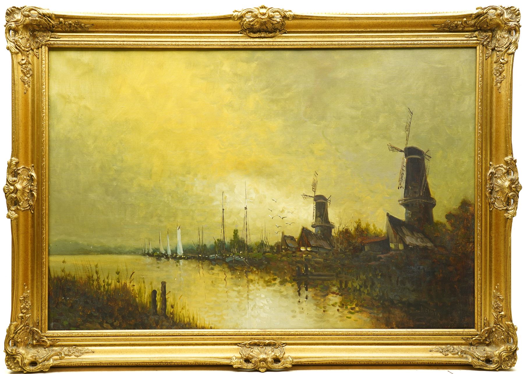 W E Smith (Continental 20th century): Dutch Windmills on the Riverside, oil on canvas signed 60cm x 90cm
