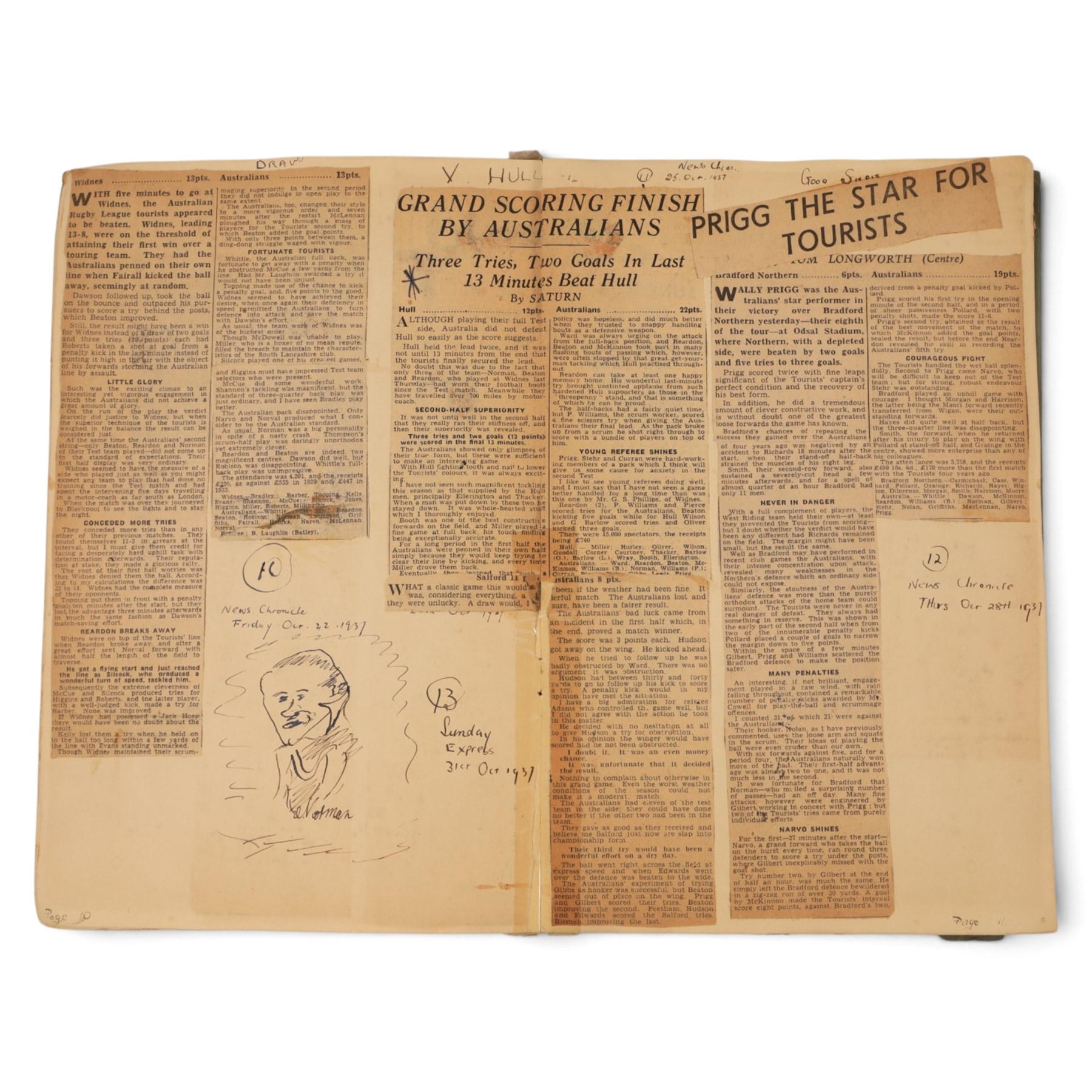 Three 1930s autograph and scrap books, comprising a scrap book documenting the Australian Rugby League team tour of England and France 1937 with newspaper clippings and a collection of signatures in pencil including Wally Prigg, Harry Pearce and Jack Reardon and two autograph books from 1935 and 1936, with signatures including players from St Helens RLFC, Yorkshire Cricket Club, Hull FC, Dewsbury RLFC, Blackpool FC, Salford RLFC, Leeds RLFC, Batley RLFC, Wigan RLFC, Manchester United, Hull Baseball Club, Tottenham Hotspur FC, and assorted entertainment signatures from theatres of the time 