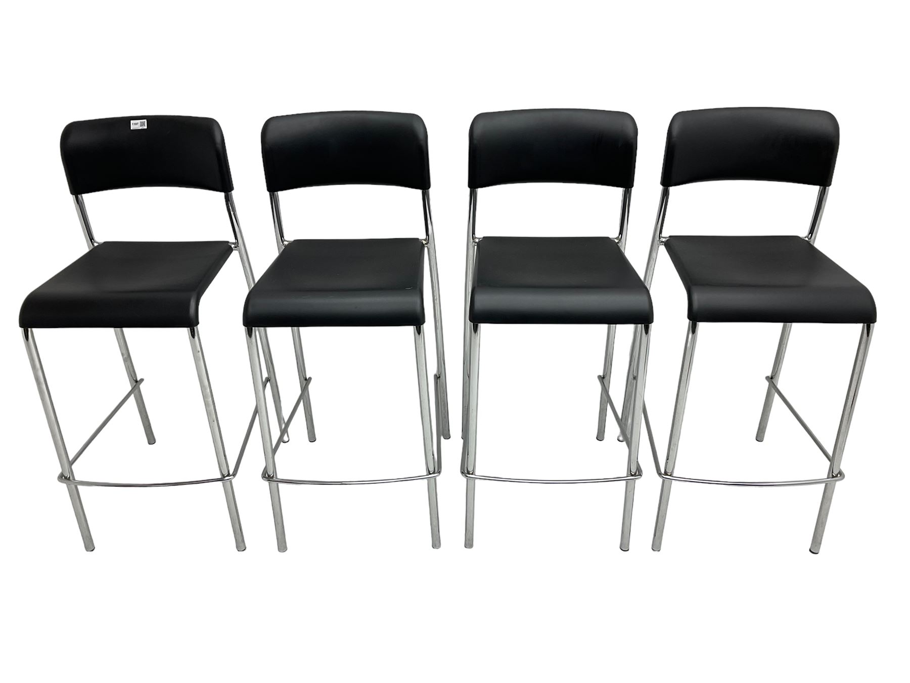 Set four Italian stacking bar stools, black back and seat over chrome supports