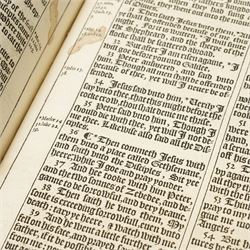 1611 King James Bible: The Great 'He' Bible. 'The Holy Bible Conteyning the Old Testament and the New'. London: Robert Barker, 1611. Folio (44cm × 29cm) Black-letter text in double columns, woodcut initials and ornaments, genealogies of Holy Scripture with engraved Adam and Eve family tree, and the separate engraved title to 'The Newe Testament of our Lord and Saviour Iesus Christ, dated 1611. Bound in full calf with ribbed spine.

First edition, first issue of the King James 'He' Bible, containing the erroneous reading 'and he went into the citie' in Ruth 3:15. Commissioned by King James I and printed by Robert Barker, this monumental translation became the most influential work in the English language, shaping its religious and literary tradition for more than four centuries.