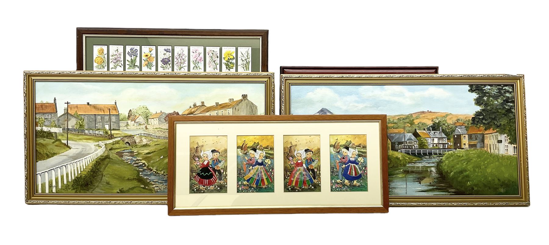 Will's Cigarette cards - Wild Flowers Second Series (framed) together with J Wrigley (British 20th century): 'Great Ayton', pair oils on board signed and two other prints max 38cm x 44cm (5)