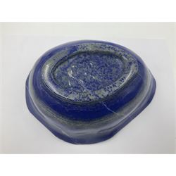 Carved bowl, flat-bottomed bowl carved from a single piece of Lapis lazuli with flared rim, H8cm, L21cm