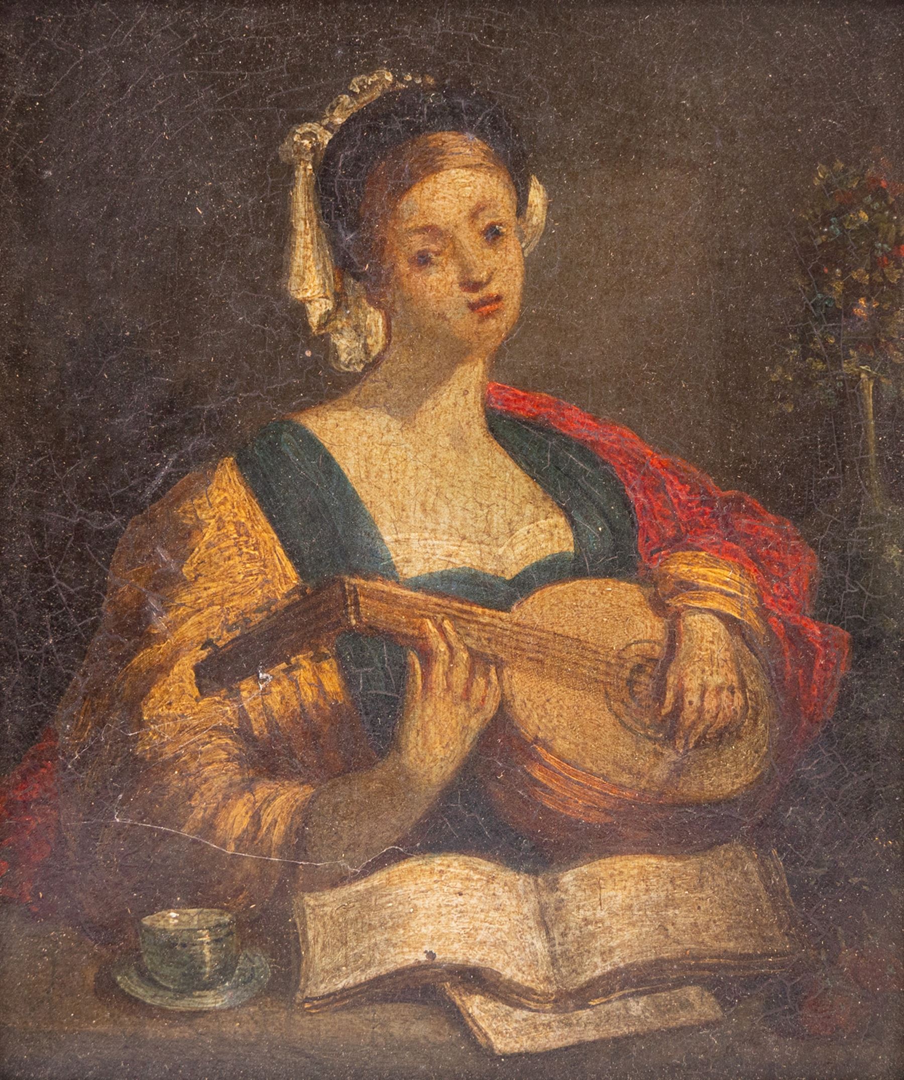 Spanish School (18th century): Young Lady Playing a Lute, oil on canvas unsigned 15cm x 13cm