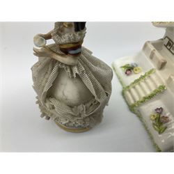 Group of figures, comprising six Royal Doulton examples, Daydreams HN1731, Silks and Ribbons HN2017, Tom Sawyer HN2926, Marie HN1370, Bo-Peep HN1811, and Tinkle Bell HN1677, together with a Dresden type 'lace' example, and a Coalport 'Swiss Cottage', (8)