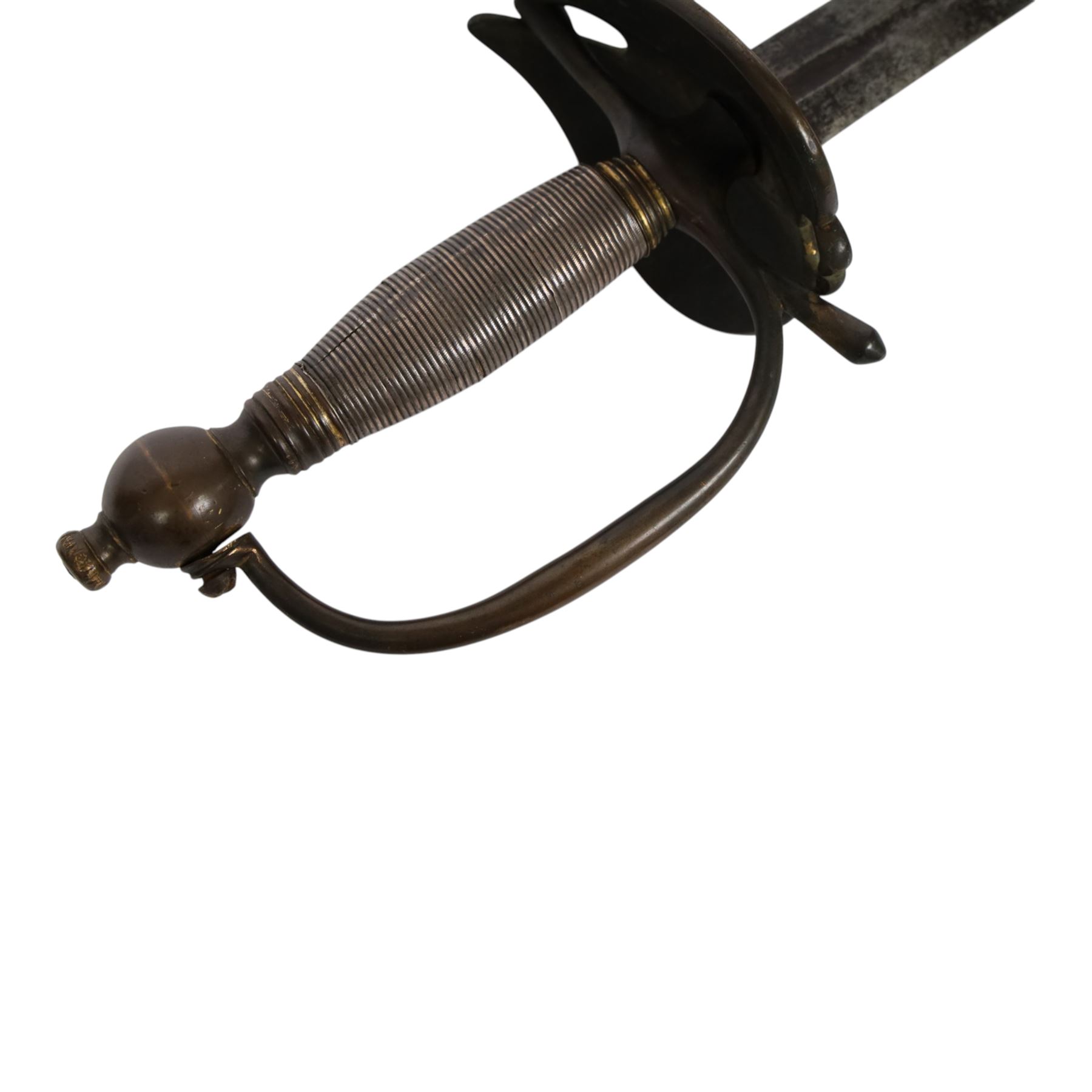 British Georgian Officers Sword, with 83cm double edged fullered blade engraved with with motifs and Osborn along with Warranted, with brass heart shaped guard and faux wire bound grip, with scabbard with twin suspension rings, overall length 100cm