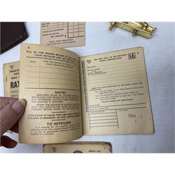Gold plated leaping Jaguar car mascot, no.7'24265'3WB L12.5cm; three AA car badges and Veteran Motorists car badge; and quantity of 1950s fuel and general ration books