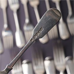 Suite of Victorian silver fiddle pattern cutlery comprising eighteen table forks, seventeen dessert spoons, fifteen dessert forks and three table spoons London 1856 Maker A B Savory & Sons