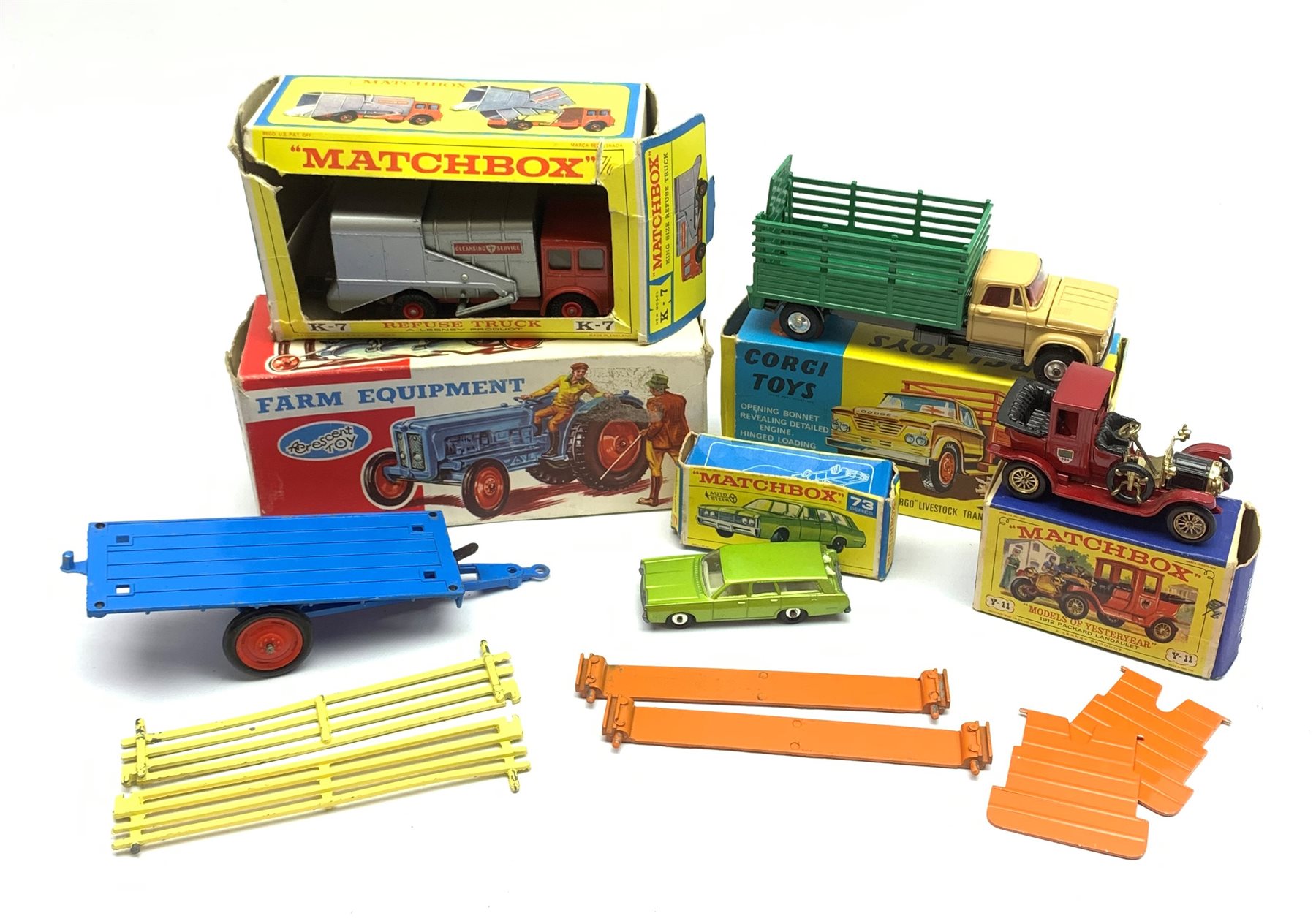 Corgi - Dodge 'Kew Fargo' Livestock Transporter No.484 (no animals); Crescent Cattle Trailer No.1811; Matchbox King Size Refuse Truck No.K-7, Matchbox MOY 1912 Packard Landaulet No.Y-11 and Matchbox 73 Series 1968 Mercury, all boxed (5)