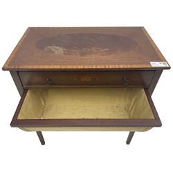 Edwardian inlaid mahogany side table, rectangular banded top with ebony stringing, fitted with single drawer with floral inlays, square tapering supports