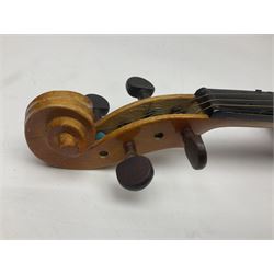 Four Chinese graduated violins - full size with 35.5cm two-piece back; three-quarter size with 33.5cm two-piece back; half size with 31cm two-piece back; and quarter size with 27.5cm two-piece back; all cased except full size; one with bow (4)