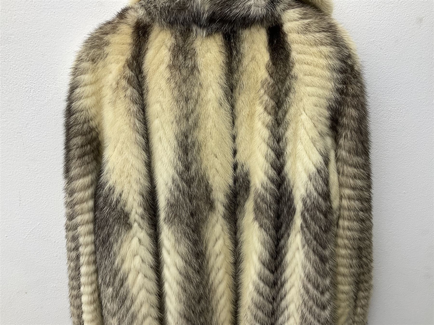 Saga mink full length fur coat, with chevron patterning to sleeves and body, with label to lined interior, approx size 12