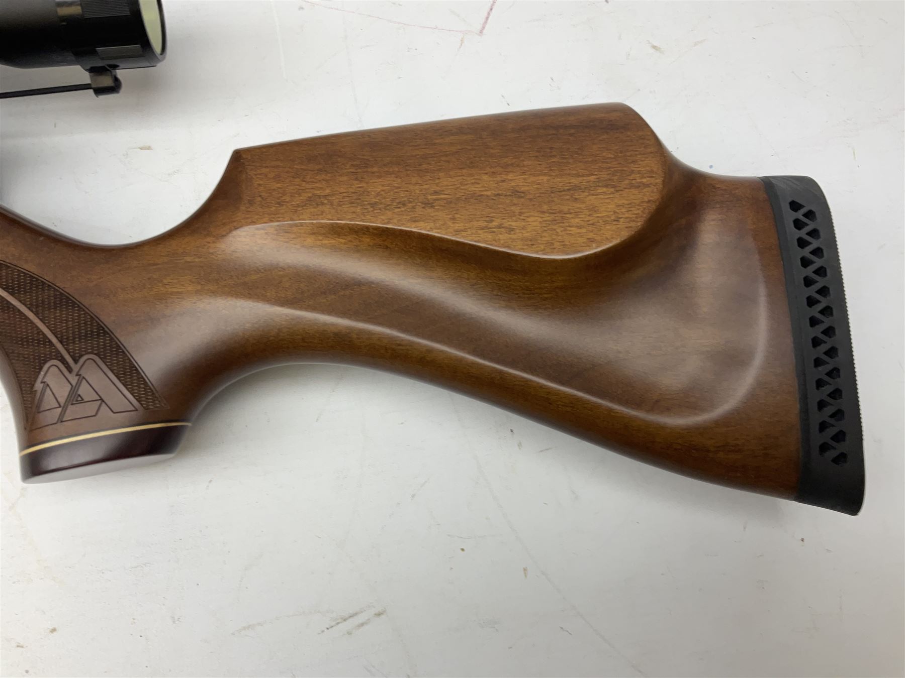 Air Arms Model S410F Classic .177 multi-shot compressed air rifle with bolt action, underside pressure gauge, chequered pistol grip, moderator and Hawke Sport HD 3-9x50 scope L112cm; in Anglo Arms camouflage sleeve with spares, tool kit, magazine and instruction manual